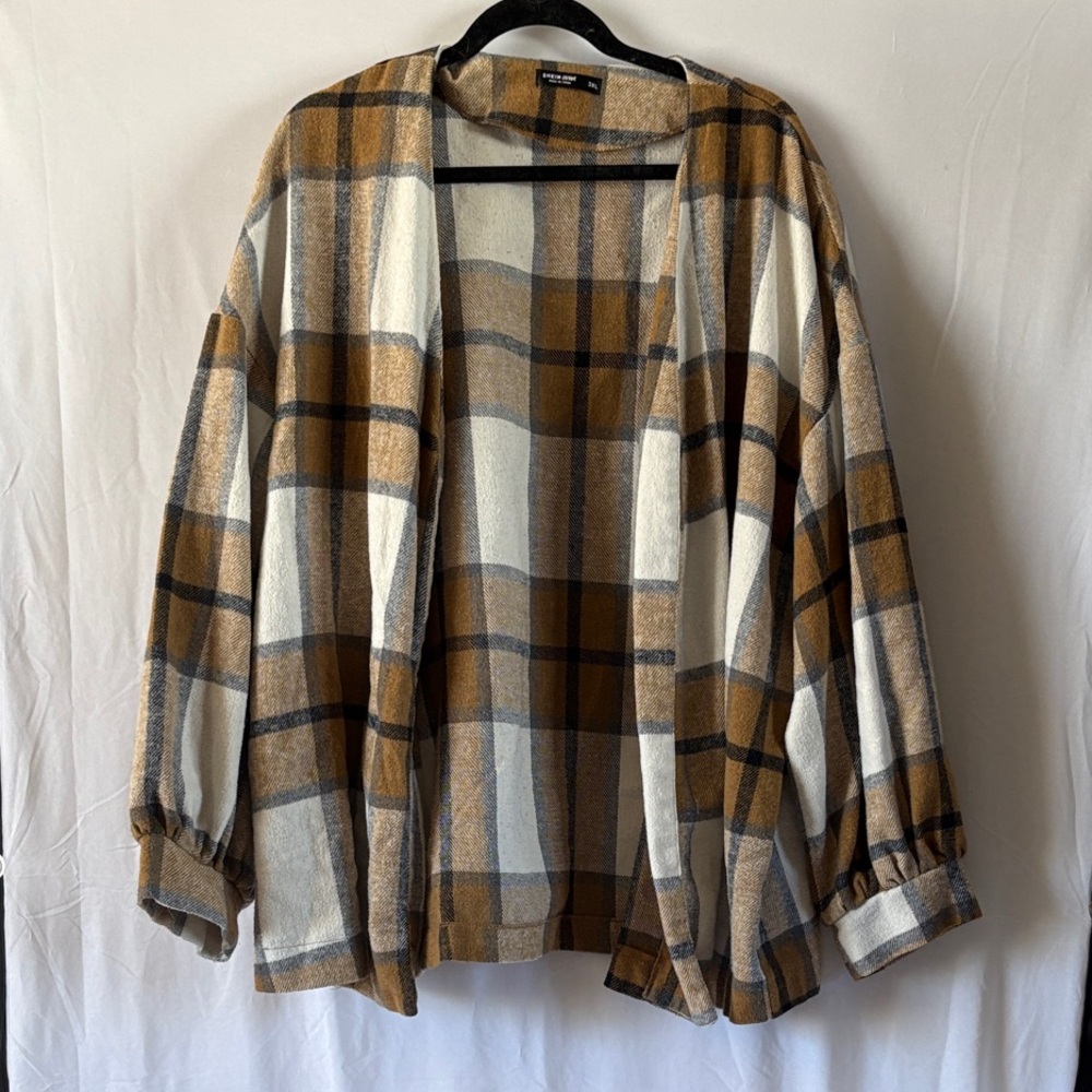 SHEIN Plaid Open-Front Jean Jacket in Brown, White, Black